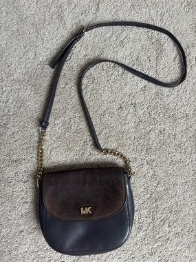 Michael Kors Black and Brown Leather Crossbody with Gold Chain